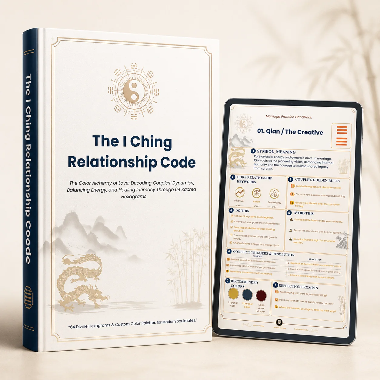 The I Ching Relationship Code book displayed beside a tablet showing a relationship guidance page